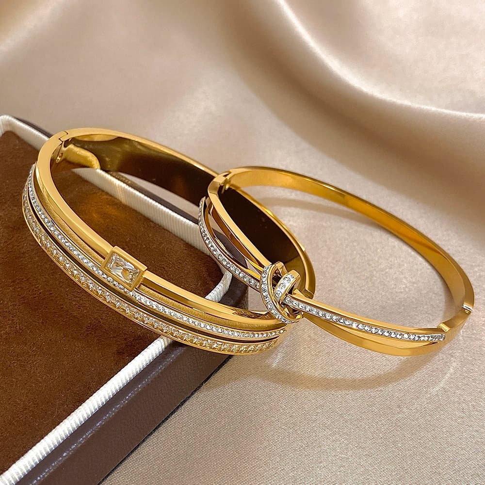Luxury Stainless Steel Cuff Bracelet Bangle Set for Women Men Gold Plated Bracelets Inlaid White Rhinestone Wide Bangles Gift - 4