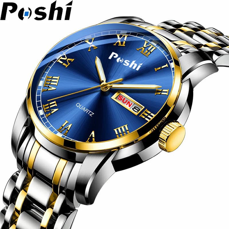 POSHI Stainless Steel Quartz Wrist Watch for Man Luxury Week Date Display Luminous Bracelet Fashion Men's Watch Original Clock - 6