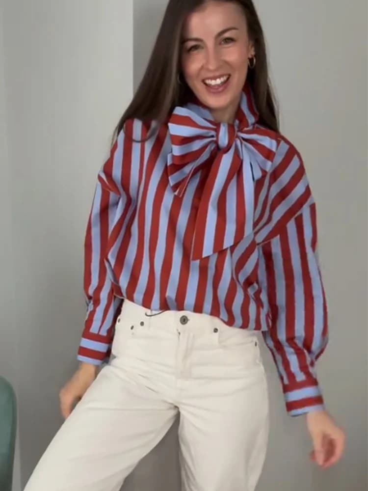TFMLN Women Spring New Striped Shirt Elegant Bow Neck Single Breasted Loose Blouse Casual Vintage Printed Long Sleeve Shirts - 2