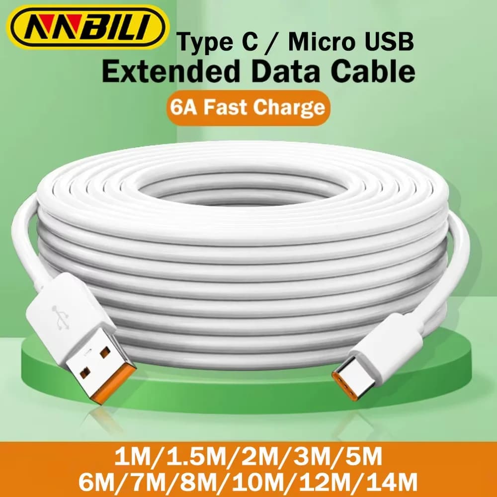 NNBILI 2024 جديد كابل شحن طويل إضافي 1M-14M مايكرو/نوع C USB C ل Xiaomi هواوي PS4/5 كاميرا VR هواتف أندرويد عالمية