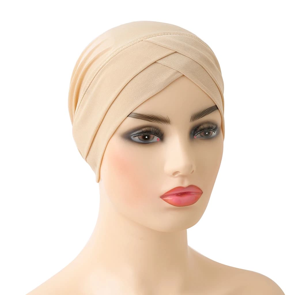H117 Forehead criss Cross Muslim Turban Pure Color Stretch Inner Hijabs For Caps Ready To Wear Women Head Scarf Under Bonnet - 5