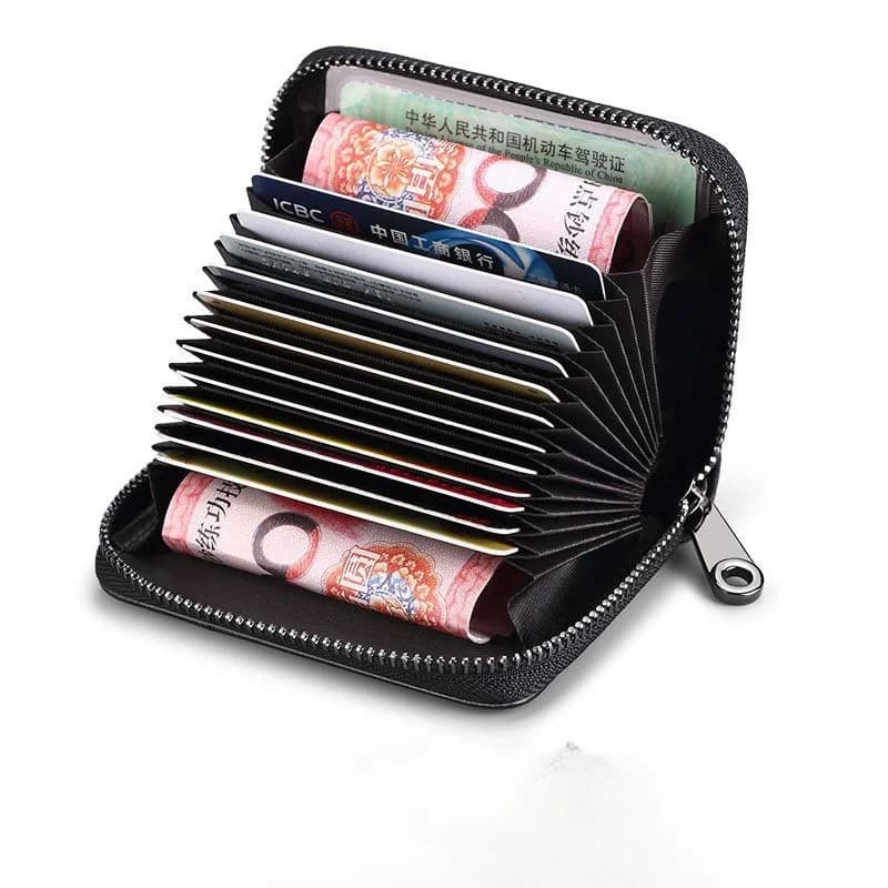 Multi Slot Card Holder Vintage Small Wallet Women Men Business Bank Credit Card Bag Male Coin Pouch Solid Leather Zipper Wallet - 5