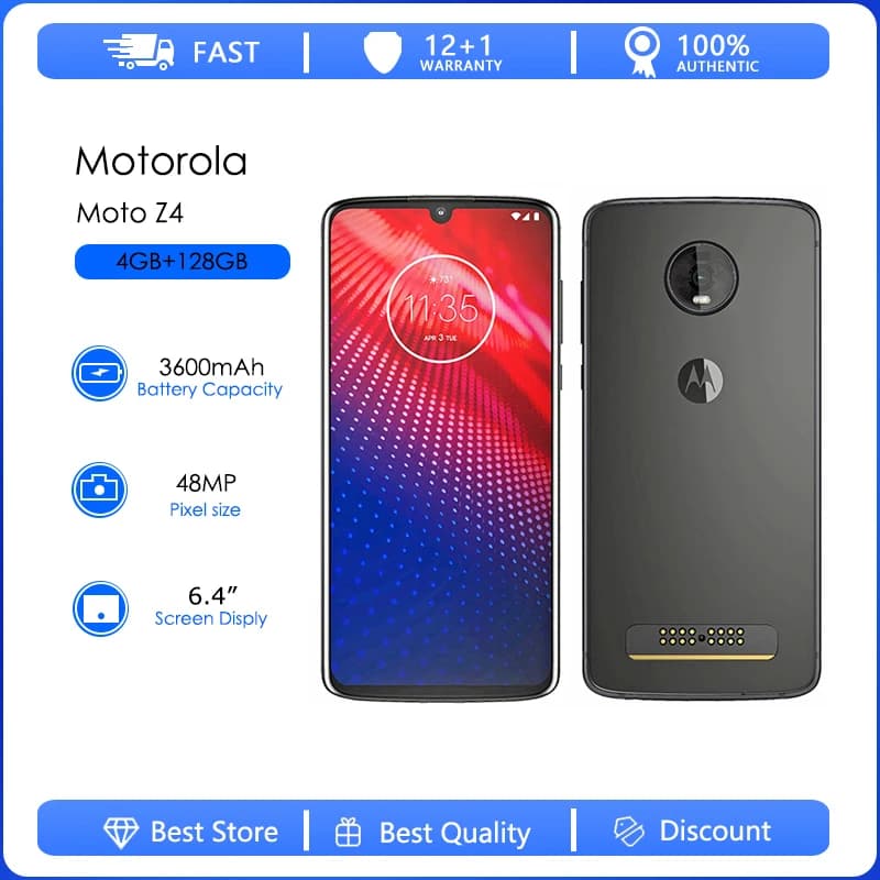 Original Unlocked Motorola Moto Z4 XT1980 One Sim 4GB RAM 128GB ROM Octa-core 48MP 6.4'' 3600mAh Android 9 NFC FM Smartphone