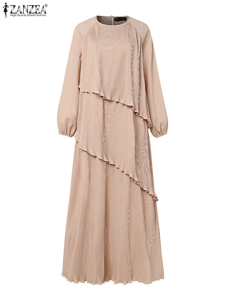 ZANZEA المرقعة فانوس كم عباية الجلباب النساء Plisse الطبقات فستان ماكسي أنيق مسلم موضة الحجاب الإسلامي مطوي فستان - 4