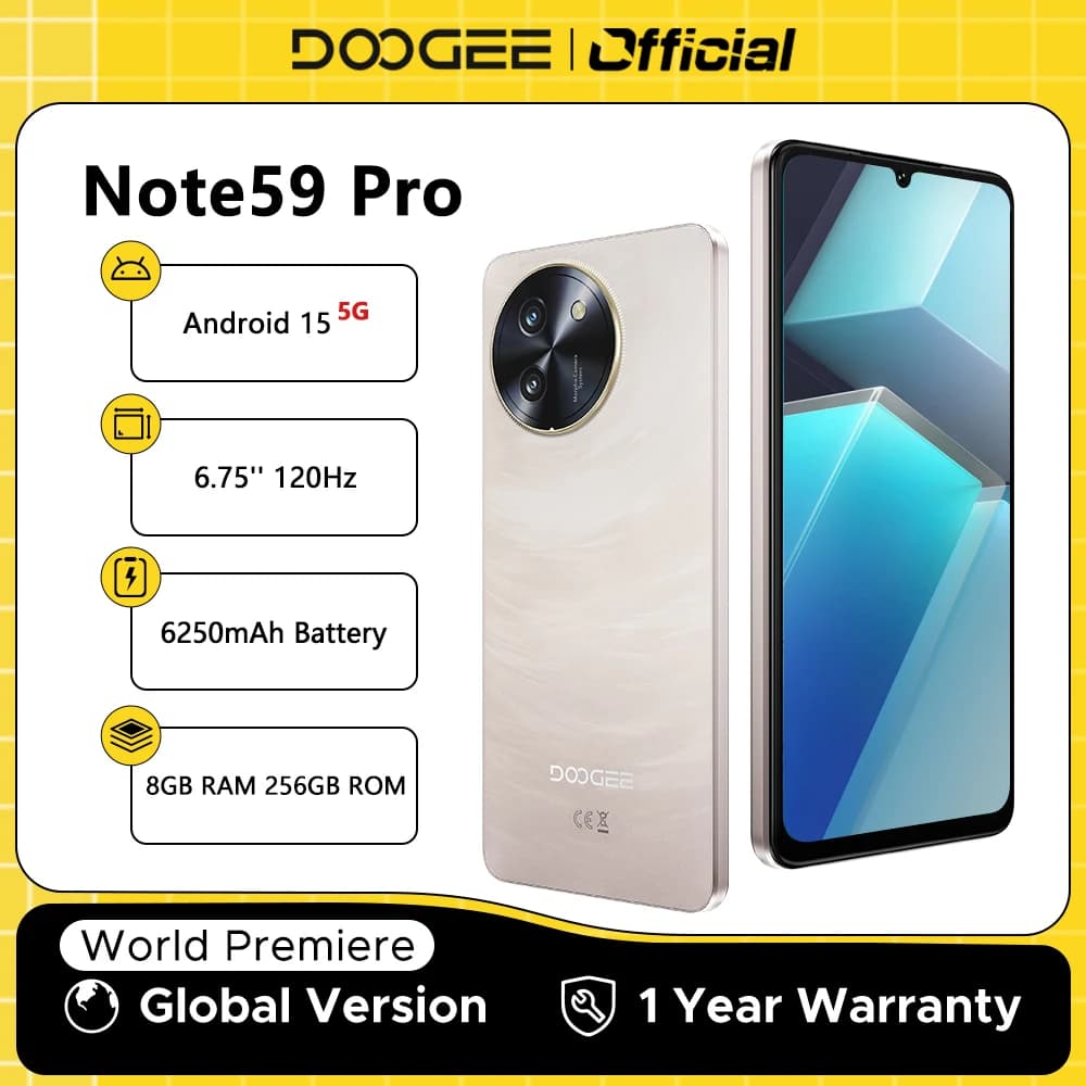 DOOGEE Note59 Pro 5G Smartphone 6.75" HD+ Android 15 Mobile Phone 8GB RAM 256GB ROM 6250mAh Battery NFC Global Version  Cellphon
