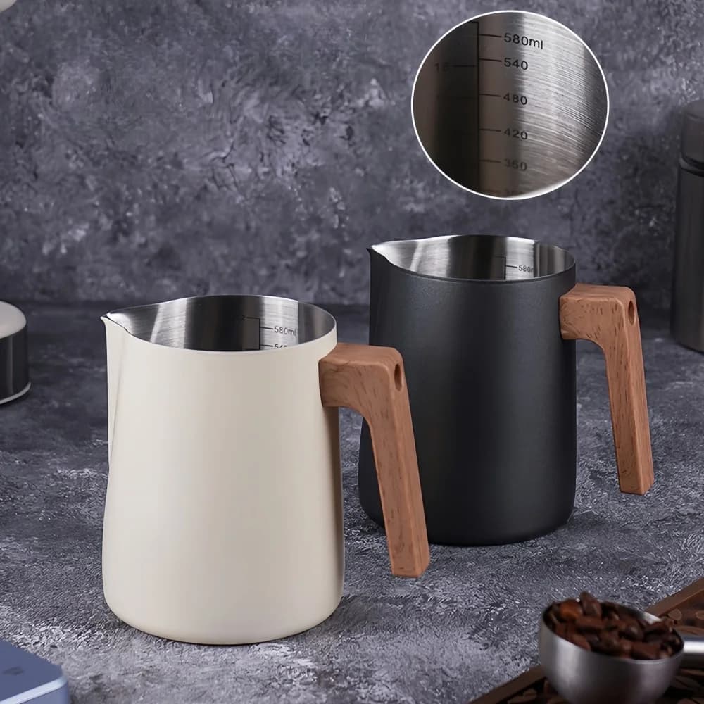 Coffee Milk Frothing Pitcher Jug Anti-scald Wood Grain Handle 304 Stainless Steel Precision Scale Professional Coffee Utensils