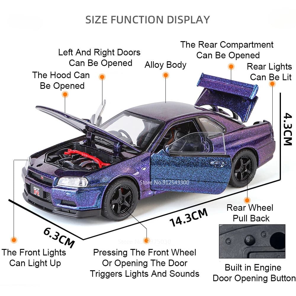 نموذج سيارة SKYLINE GTR R34 مقياس 1:32، معدن مصبوب مع موسيقى وإضاءة وأبواب قابلة للفتح - 2