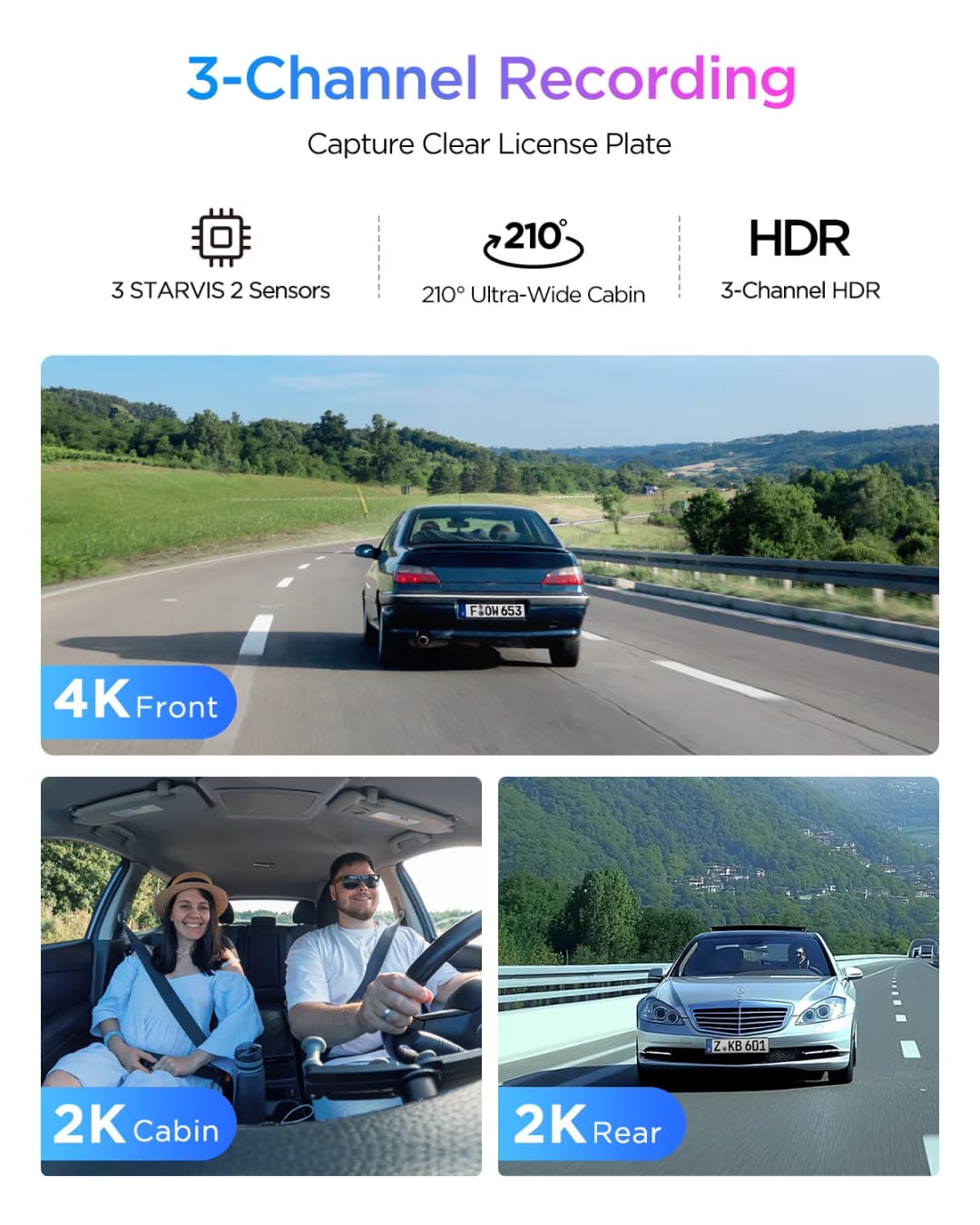 كاميرا لوحة قيادة VIOFO A329S 3CH بدقة 4K 30FPS + 2K خلفية + 2K كابينة HDR مع مستشعر Sony STARVIS 2، تدعم SSD، كشف الاصطدام منخفض الطاقة - 2