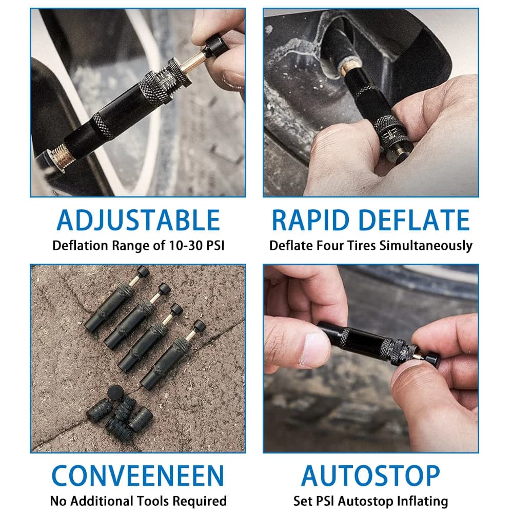 4pc Black Adjustable Auto-Stop Tire Air Down Kit Screw-on Tyre Deflator Tool For Offroad 4x4 Vehicle Accessories - 5