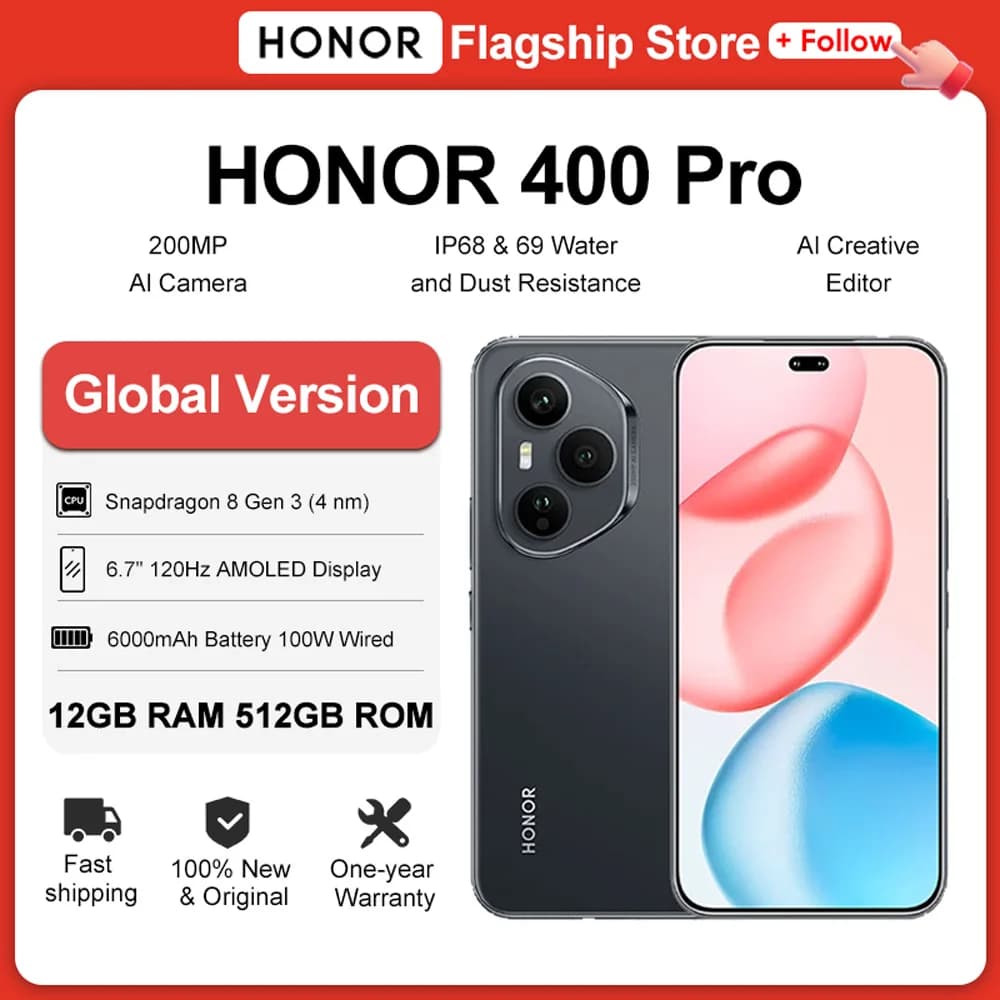 هاتف هونر 400 برو 5G جديد، ذاكرة وصول عشوائي 12 جيجابايت، ذاكرة قراءة فقط 512 جيجابايت، شاشة AMOLED 6.7 بوصة بمعدل تحديث 120 هرتز، كاميرا 200 ميجابكسل، بطارية 6000 مللي أمبير، شحن فائق 100 واط، دعم eSIM، NFC