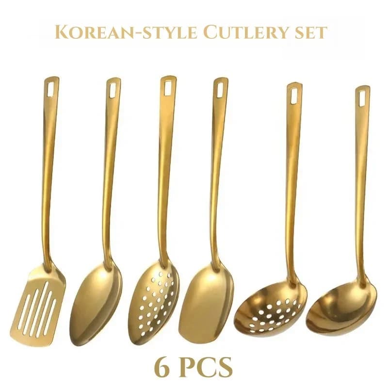 6pcs Korean-style Hot Pot Cutlery Set Stainless Steel Dinnerware Set Home Creative Korean Cutlery Golden spoons Kitchenware Set - 2