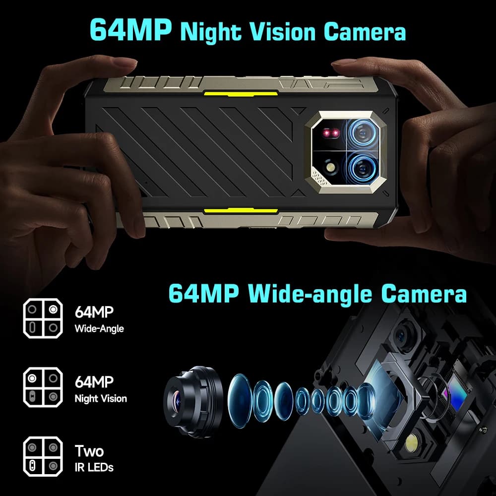 هاتف Ulefone Armor 22 المتين، 16 جيجابايت (8 جيجابايت + 8 جيجابايت) رام، 128 جيجابايت/256 جيجابايت روم، أندرويد 14، NFC، كاميرا 64 ميجابكسل للرؤية الليلية، هاتف محمول 4G - 3