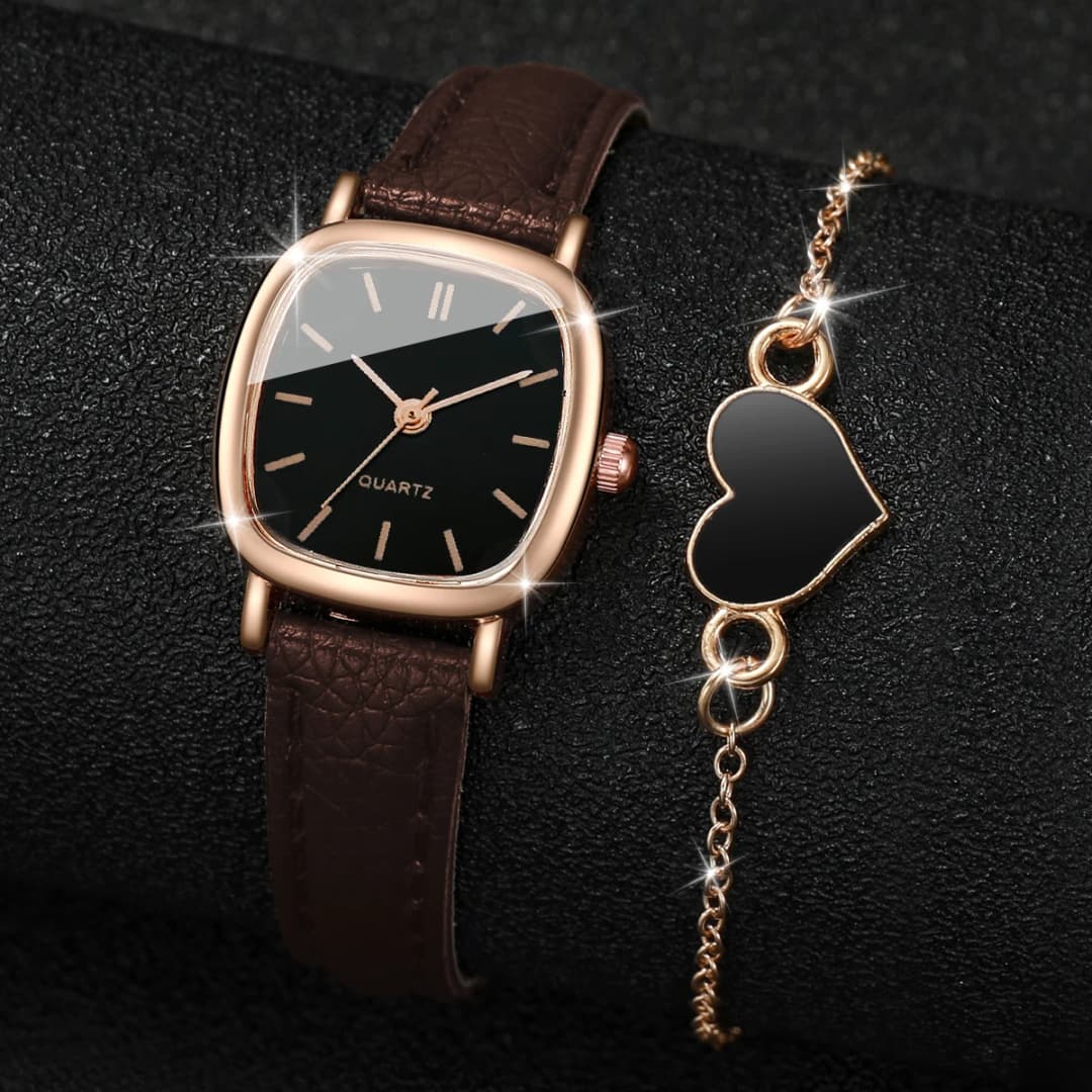 2PCS/Set Fashion Square Women Watch Leather Band Quartz Watches Heart Bracelet Set - 2