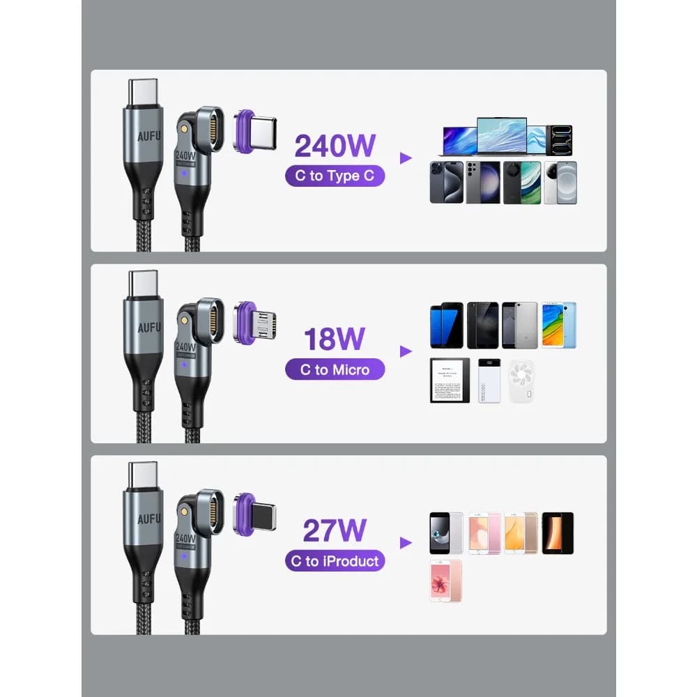AUFU 16pin 180 Rotate Magnetic Cable 240W Fast Charging Micro USB Type C Cable For iPhone Xiaomi Samsung Magnet USB Phone Cable - 5