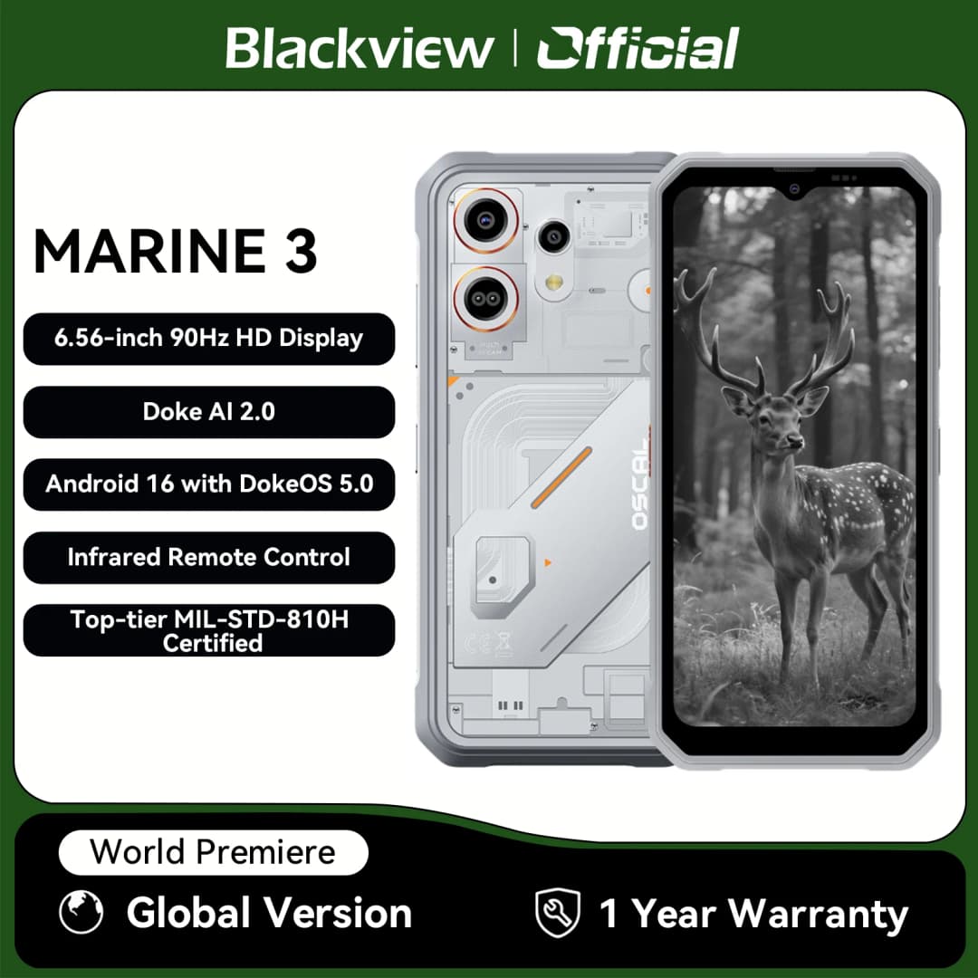 هاتف Blackview OSCAL MARINE 3 الذكي، شاشة 6.56 بوصة HD بمعدل تحديث 90 هرتز، معالج Helio G81، كاميرا 13 ميجابكسل + 16 ميجابكسل، بطارية 5000 مللي أمبير، نظام أندرويد 16
