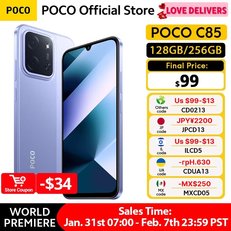 هاتف ذكي POCO C85 إصدار عالمي 128GB 256GB معالج MTK Helio G81-Ultra شاشة 6.9 بوصة Dot Drop كاميرا رئيسية 50MP بطارية 6000mAh شحن 33W