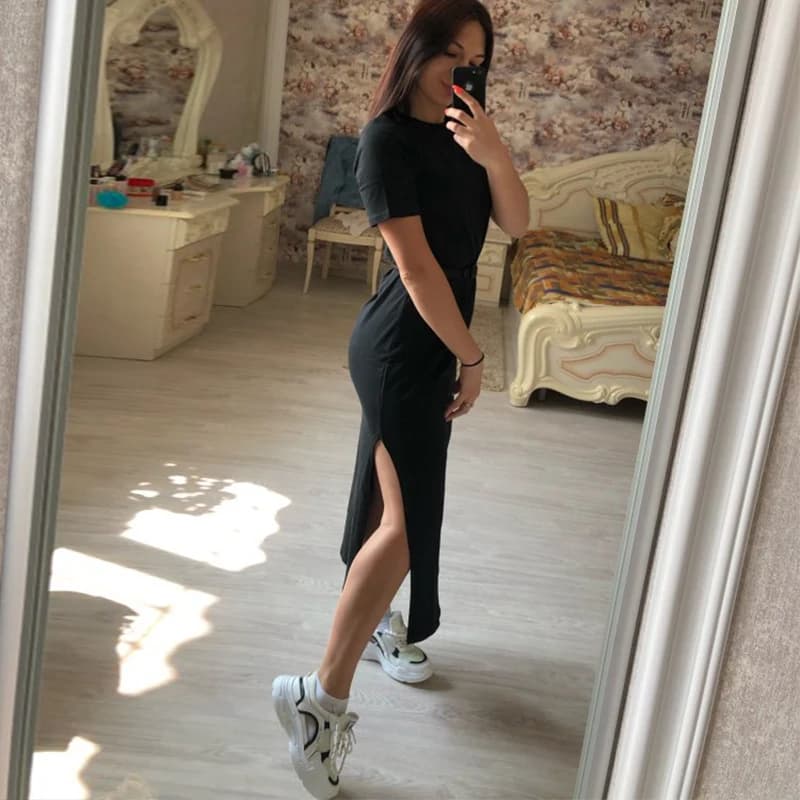 Summer Korean Style Midi Dress Women Casual Black Long Dresses Short Sleeve Sexy Plus Size Side Open Party Maxi T Shirt Dress - 3