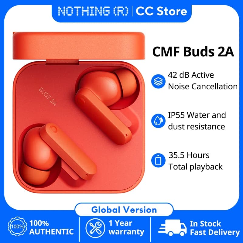 سماعات CMF by Nothing Buds 2A إصدار عالمي، مشغل 12.4 ملم، إلغاء ضوضاء 42dB، 4 ميكروفونات HD، عمر بطارية يصل إلى 31 ساعة تشغيل، IP54، بلوتوث 5.4