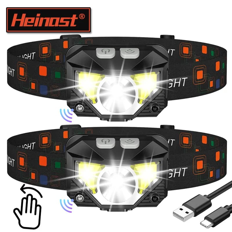 مصباح رأس LED استشعار قوي مصباح أمامي قابل لإعادة الشحن عبر USB مصباح رأس LED كشاف تخييم مصباح رأس للصيد