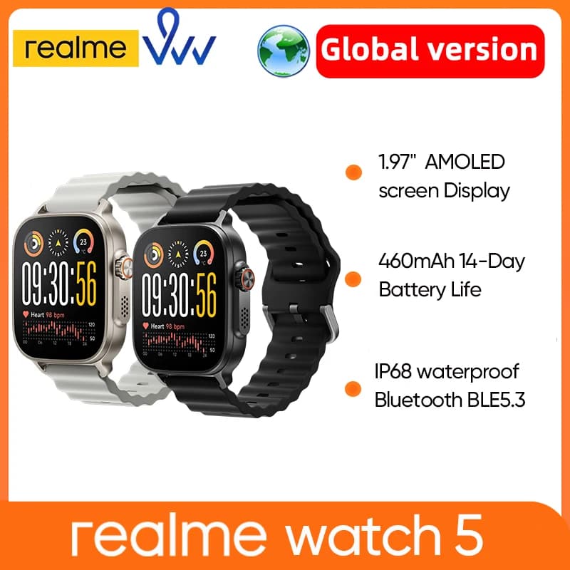 إصدار عالمي realme watch 5 شاشة 1.97 بوصة 600nits AMOLED بطارية 460mAh تدوم حتى 14 يومًا 300+ ثيم دعم GPS GNSS مقاوم للماء IP68