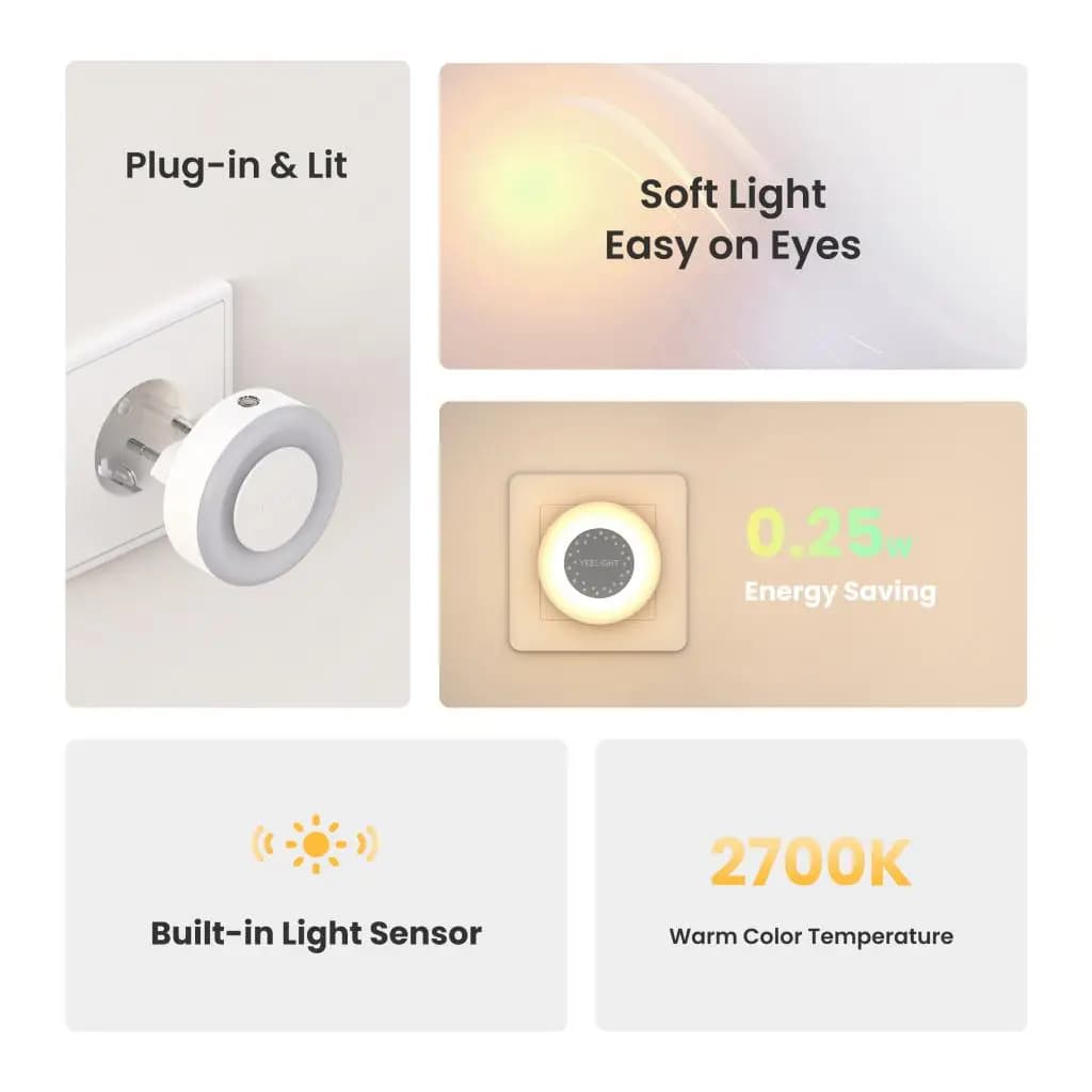Yeelight Plug-in Light Sensor NightLight Mini Sensor Night Light Warm White 2700K Ultra Energy Efficient 0.25W 110-240V EU Plug - 4