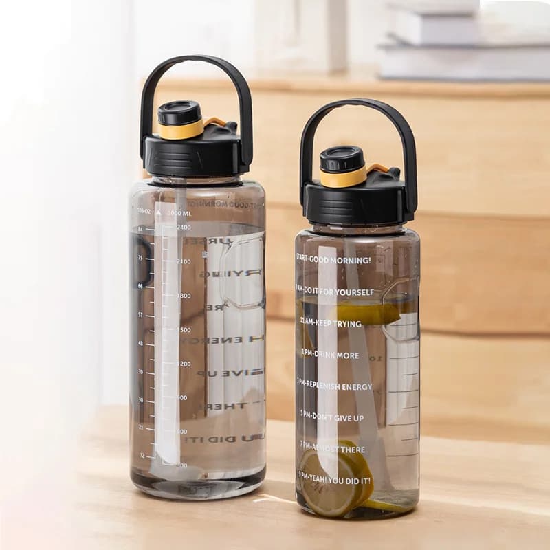 زجاجة ماء رياضية LUSQI 1.5L/2L/3L سعة كبيرة كوب بلاستيك مقاوم للتسرب مع قشة وعلامة وقت للمنزل والرياضة الخارجية - 2