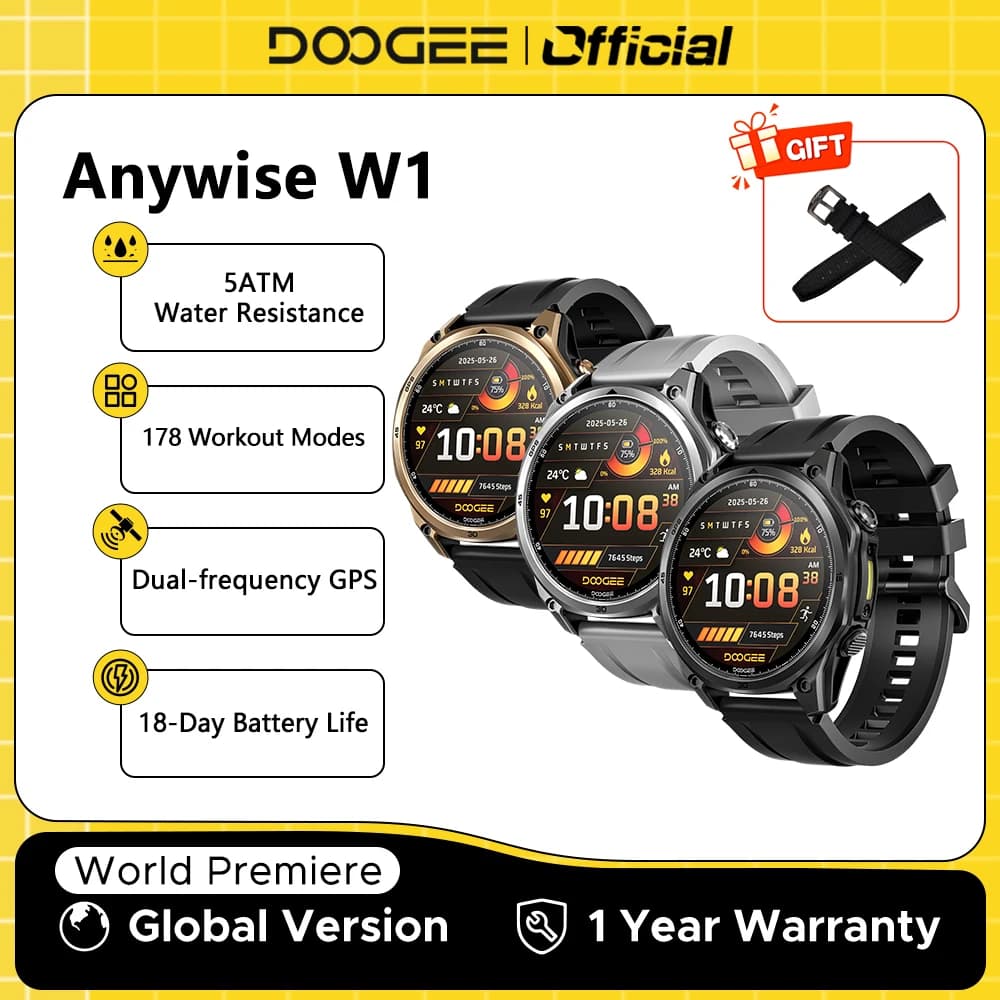 DOOGEE ANYWISE W1 Smart Watch 5ATM Water Resistance 178 Sports Modes Health Monitoring Dual-frequency GPS Reminder function