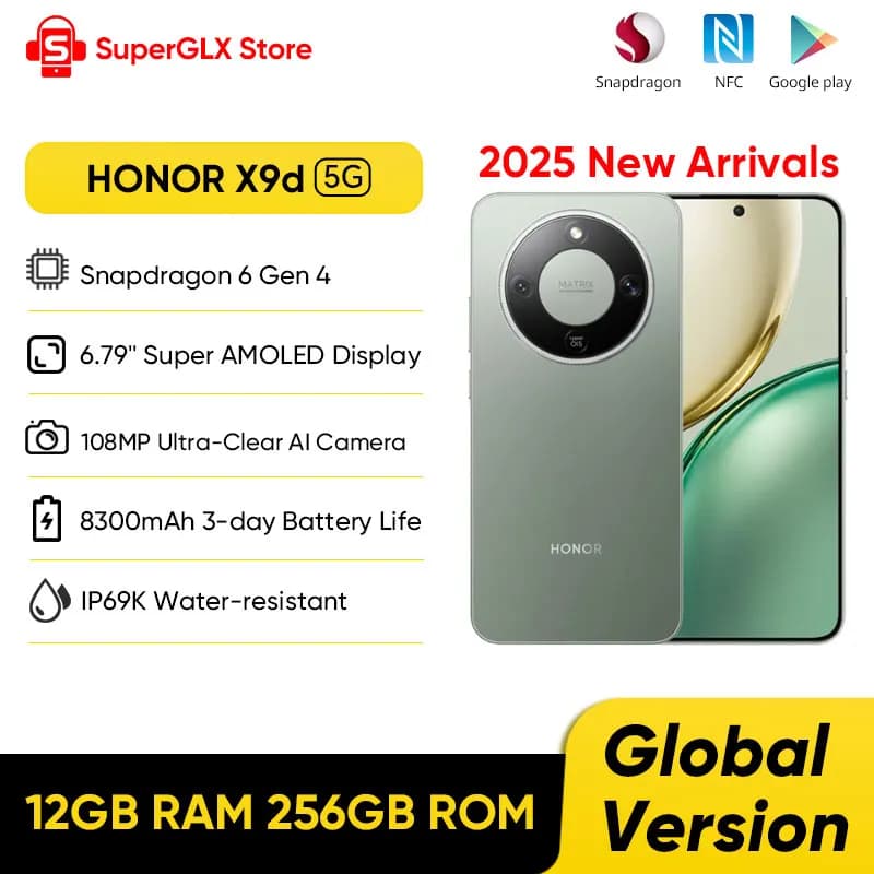 إصدار عالمي هونر X9d 5G هاتف ذكي 6.79 بوصة مقاوم للسقوط شاشة AMOLED بمعدل تحديث 120 هرتز كاميرتين ذكاء اصطناعي 108 ميجابكسل بطارية 8300 مللي أمبير 66 واط NFC IP69K