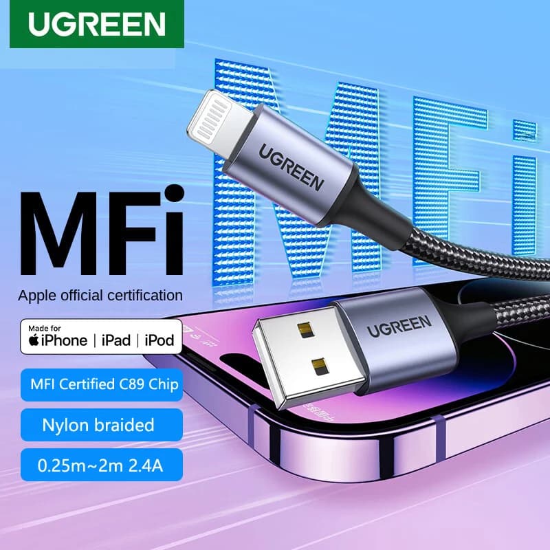 كابل شاحن UGREEN MFi USB Lightning لهواتف آيفون 14 13 12 11 xs xr 8 7 6s شحن سريع بيانات لآيباد برو قصير 25 سم