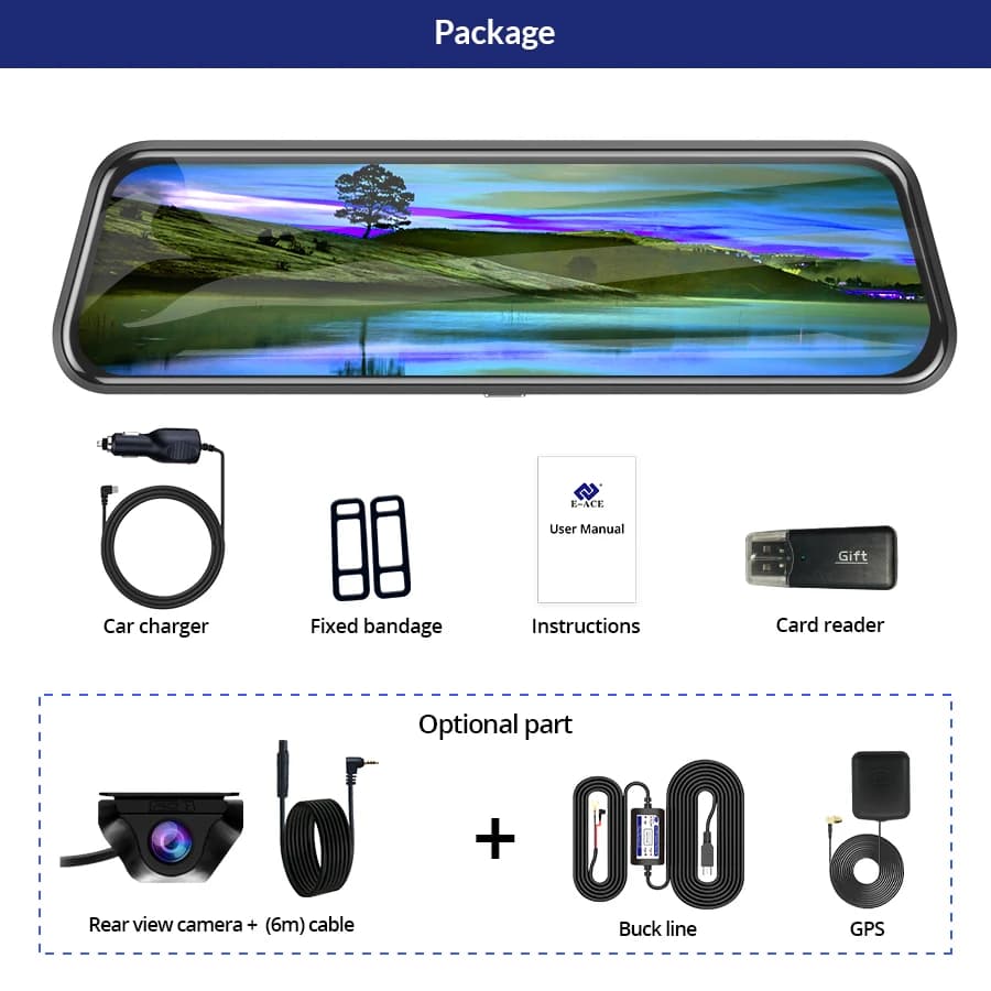 E-ACE 2K جهاز تسجيل فيديو رقمي للسيارات، واي فاي، نظام تحديد المواقع، تيار الوسائط، مرآة اختيارية، كاميرا فيديو 1080P للرؤية الليلية، تسجيل حلقي 24 ساعة، صندوق أسود لمواقف السيارات - 6