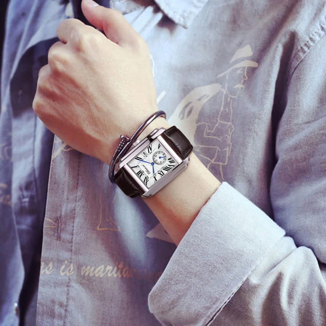 تشينكسي 8216 ماركة شهيرة ساعة رياضية رجالية مستطيلة الأكثر مبيعًا تقويم عسكري مقاومة للماء ساعة كوارتز جلد طبيعي أنيقة - 6