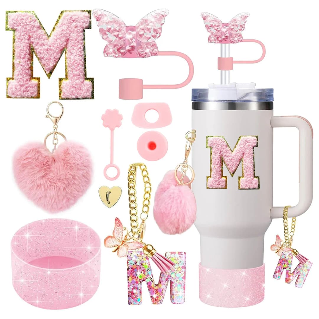 مجموعة اكسسوارات مكونة من 9 قطع لكأس Stanley، غطاء فراشة، غطاء سيليكون، ملصقات، سدادة مضادة للانسكاب