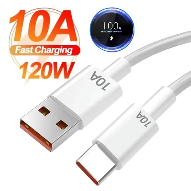 كابل شحن سريع سوبر 10A 120W Type C USB لهواتف هواوي ميت 60 ونوفا 9 وشاومي 13 وأونر وريدمي وبوكو وأوبو وريالمي