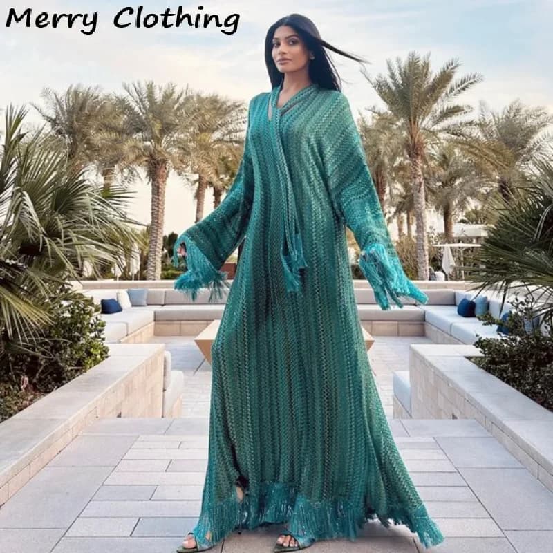 فستان ماكسي طويل بأناقة، حاشية شراشيب، ياقة V، أكمام طويلة، مع وشاح، فضفاض، ربيع 2026، فاخر، فساتين سهرة للحفلات - 2