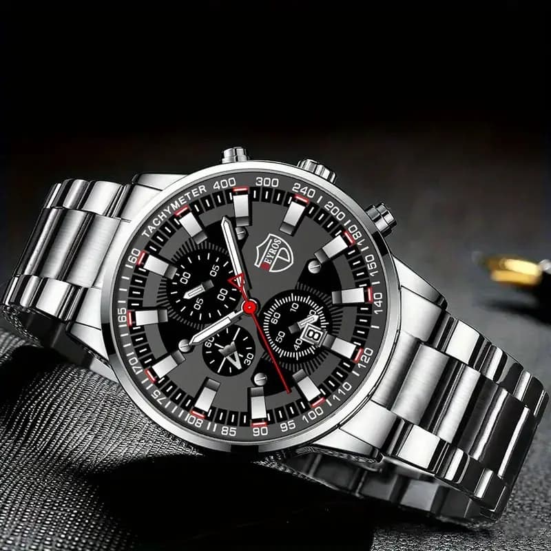 3PCS DEYROS Fashion Mens Calendar Watches Luxury Male Stainless Steel Quartz Wristwatch Men Bracelet Necklace Wrist Watch - 3