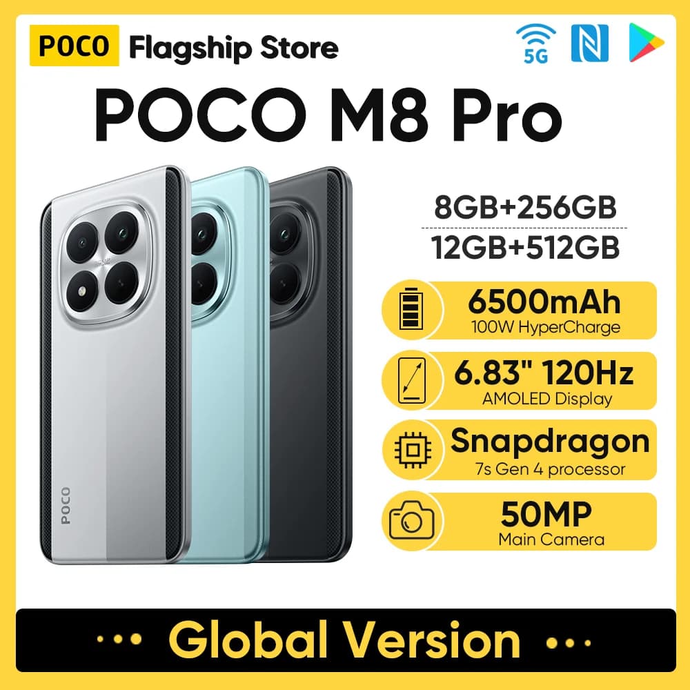 Newest POCO M8 Pro Global Version 5G Smartphone Snapdragon 7s Gen 4 6.83" 120Hz Display 50MP Camera 6500mAh 100W HyperCharge NFC