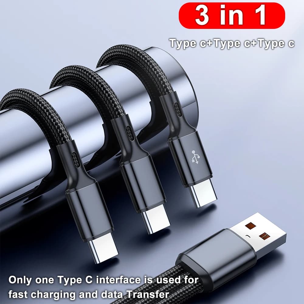 كابل 3 في 1، USB-Type C، 100 واط، شحن سريع، كابل بيانات USB A-3Type-C لسامسونج S24 وشاومي وهواوي وأندرويد، سلك نقل بيانات USB C - 4