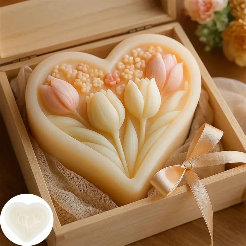 Silicone Mold for Heart-shaped Tulip Candles – DIY Craft Kit for Scented Candles, Plaster, and Soap Making with clear texture - 3