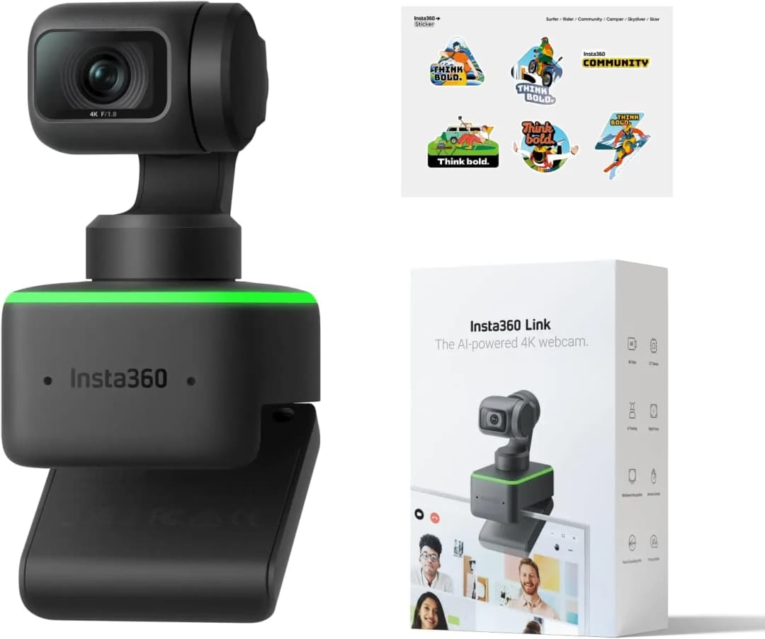 مجموعة ملصقات رسمية من Insta360 Link - كاميرا ويب PTZ بدقة 4K مع مستشعر 1/2 بوصة وتتبع الذكاء الاصطناعي والتحكم بالإيماءات وHDR وميكروفونات إلغاء الضوضاء