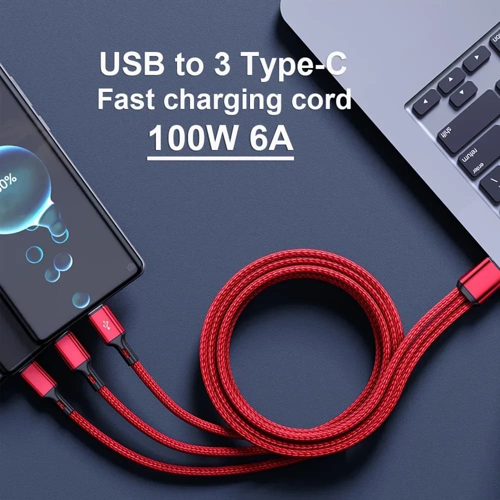 كابل شحن سريع 3 في 1 من USB-A إلى 3 ×Type-C بقوة 100 واط و6 أمبير لهواتف سامسونج جالاكسي S24 وشاومي ريدمي وهواوي، كابل شحن متعدد المنافذ من USB C - 3