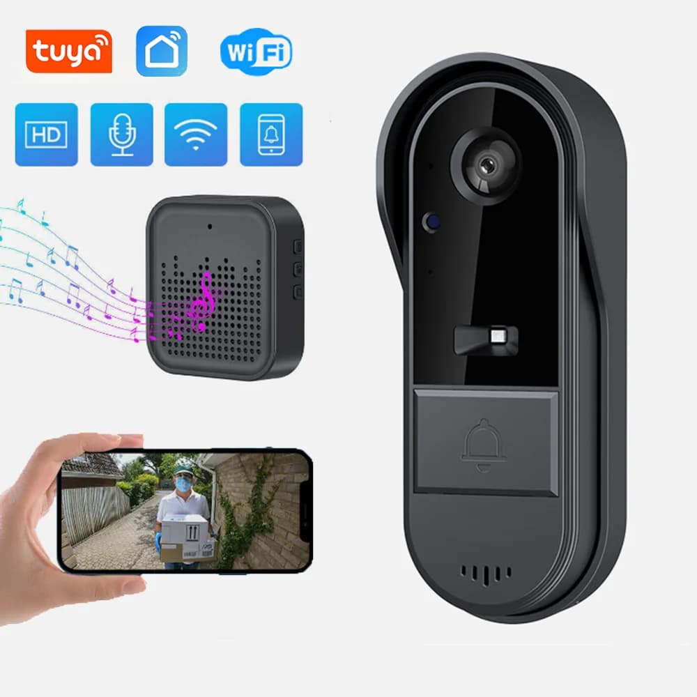كاميرا جرس باب فيديو لاسلكي من Tuya WiFi، إنتركوم فيديو HD، حماية أمنية للمنزل الذكي مع رؤية ليلية للمكتب والمنزل