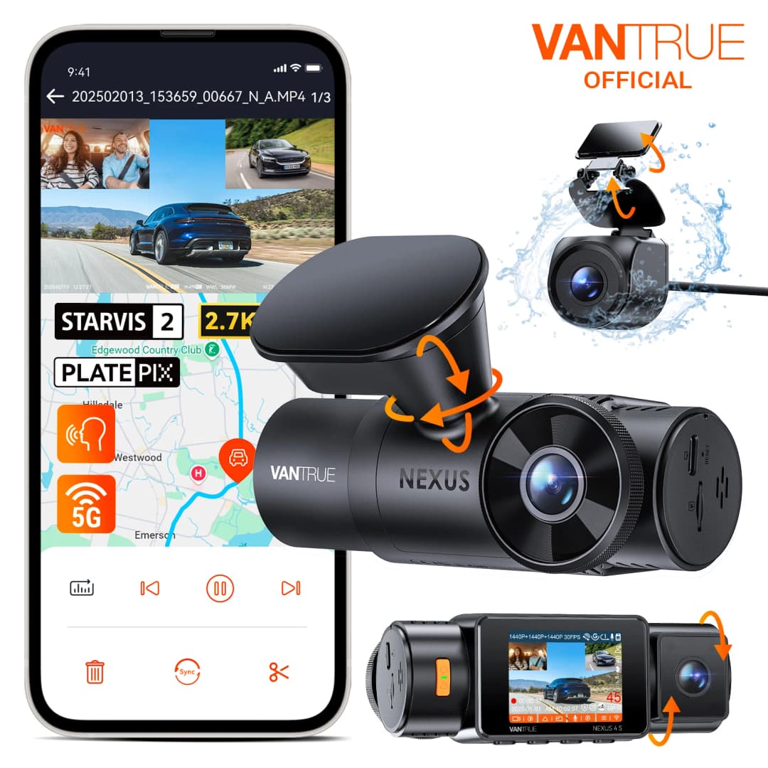 Vantrue N4S كاميرا سيارة بثلاث قنوات واي فاي STARVIS 2 بدقة 2.7K + 1440P + 1440P، كاميرا خلفية مقاومة للماء مع HDR وIR للرؤية الليلية، GPS، وضع التعبئة 24 ساعة