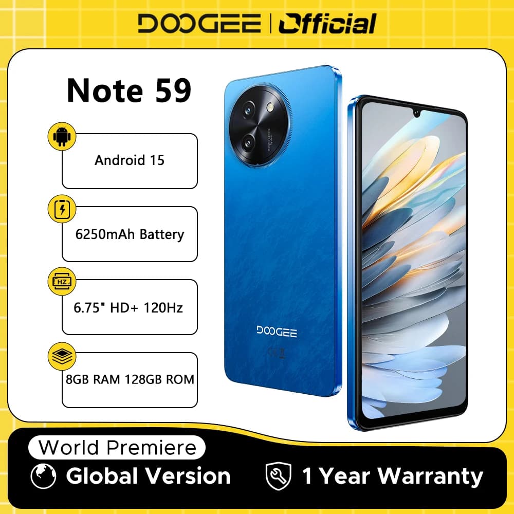 Global Version DOOGEE Note 59 5G Smart Phone Android 15 6250mAh Large Battery 6.75" 120Hz 8GB RAM 128GB ROM NFC Mobile Phone