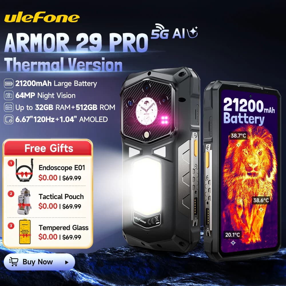 عرض عالمي لهاتف Ulefone Armor 29 Pro للتصوير الحراري 5G AI متين ببطارية 21200 مللي أمبير وشاحن 120 واط وكاميرا رؤية ليلية 64 ميجابكسل وشاشة 6.67 بوصة و120 هرتز وسعة تخزين 512 جيجابايت