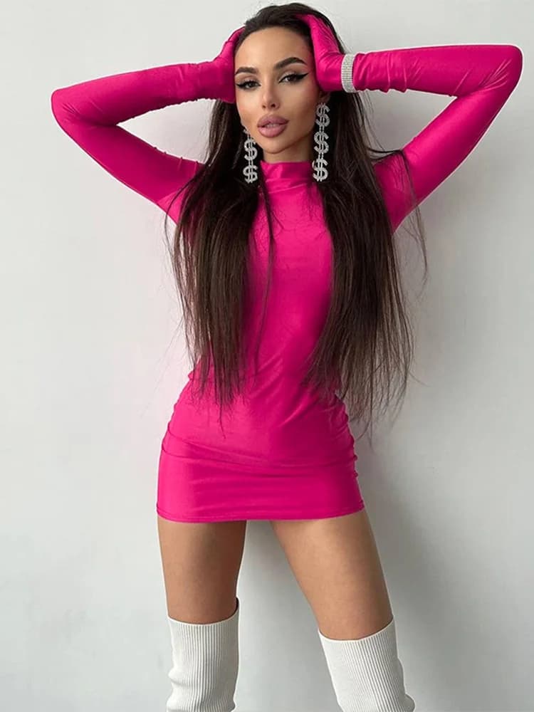 Solid Long Sleeve With Gloves Mini Dress Bodycon Sexy Streetwear Party Half Turtleneck Outfits Y2K Clothes Wholesale - 2