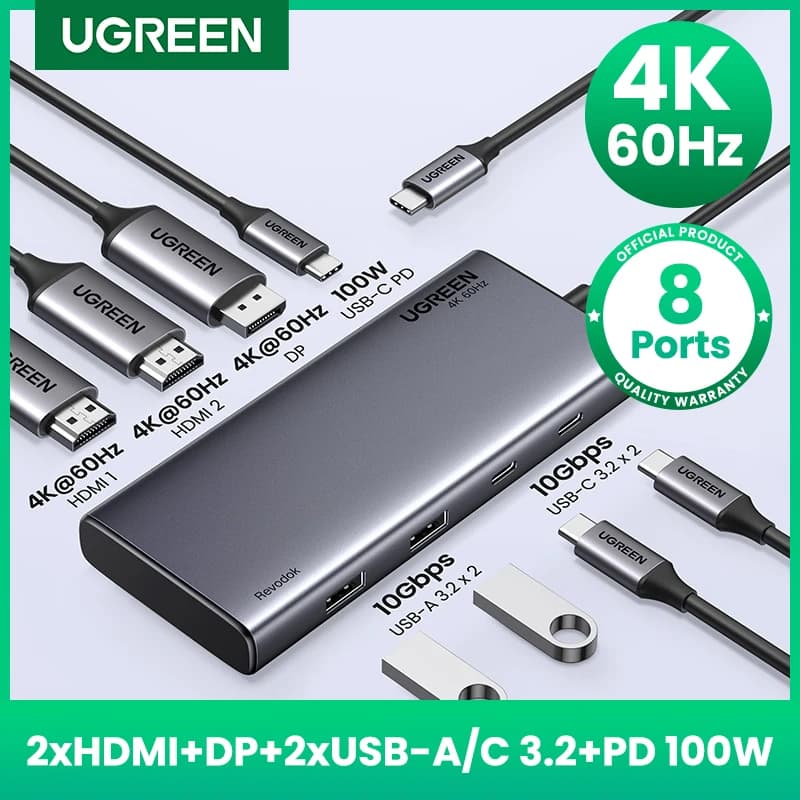 محول UGREEN ثلاثي العرض USB C HUB بسرعة 10 جيجابت في الثانية، 4K HDMI، مقسم 8 في 1 مع HDMI DP USB3.2 PD 100W، متوافق مع ماك بوك برو واير بي سي