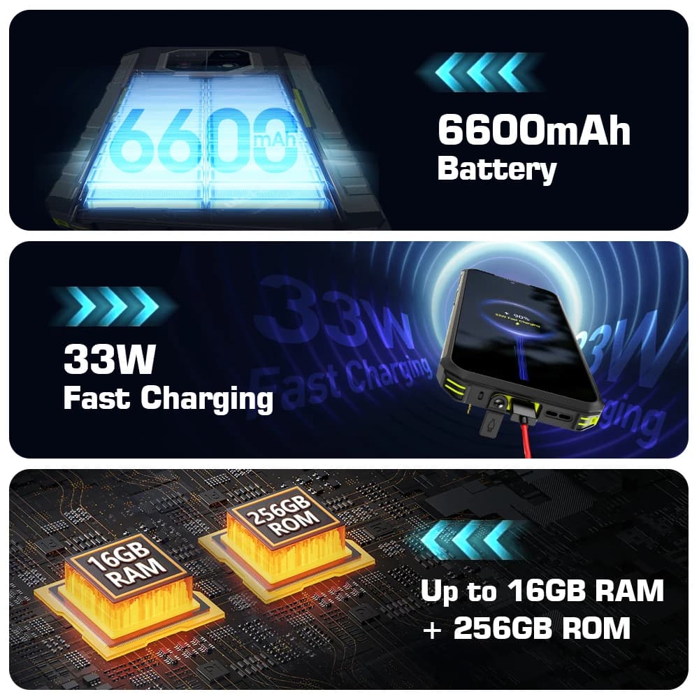 Ulefone Armor 22 أندرويد 14، 16 جيجابايت (8+8 جيجابايت رام)، 128/256 جيجابايت روم، 6.58 بوصة 120 هرتز، 6600 مللي أمبير 33 واط، NFC، كاميرا ليلية 64 ميجابكسل، إصدار عالمي - 4