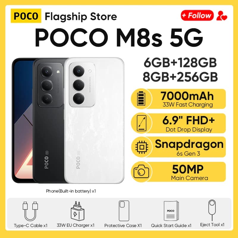 هاتف POCO M8s الإصدار العالمي 5G أحدث إصدار بمعالج Snapdragon 6s الجيل 3 وشاشة 6.9 بوصة 144Hz DotDisplay وكاميرا 50MP وبطارية 7000mAh وشحن سريع 33W وNFC