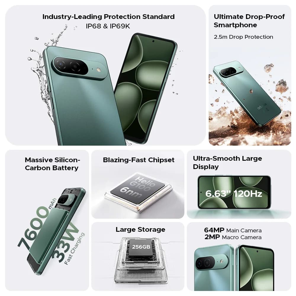 هاتف DOOGEE B10 الإصدار العالمي أندرويد 16 بطارية 7600 مللي أمبير 6 جيجابايت 256 جيجابايت شاشة 6.6 بوصة كاميرا 64 ميجابكسل AI مقاوم للماء IP68 / IP69K - 2