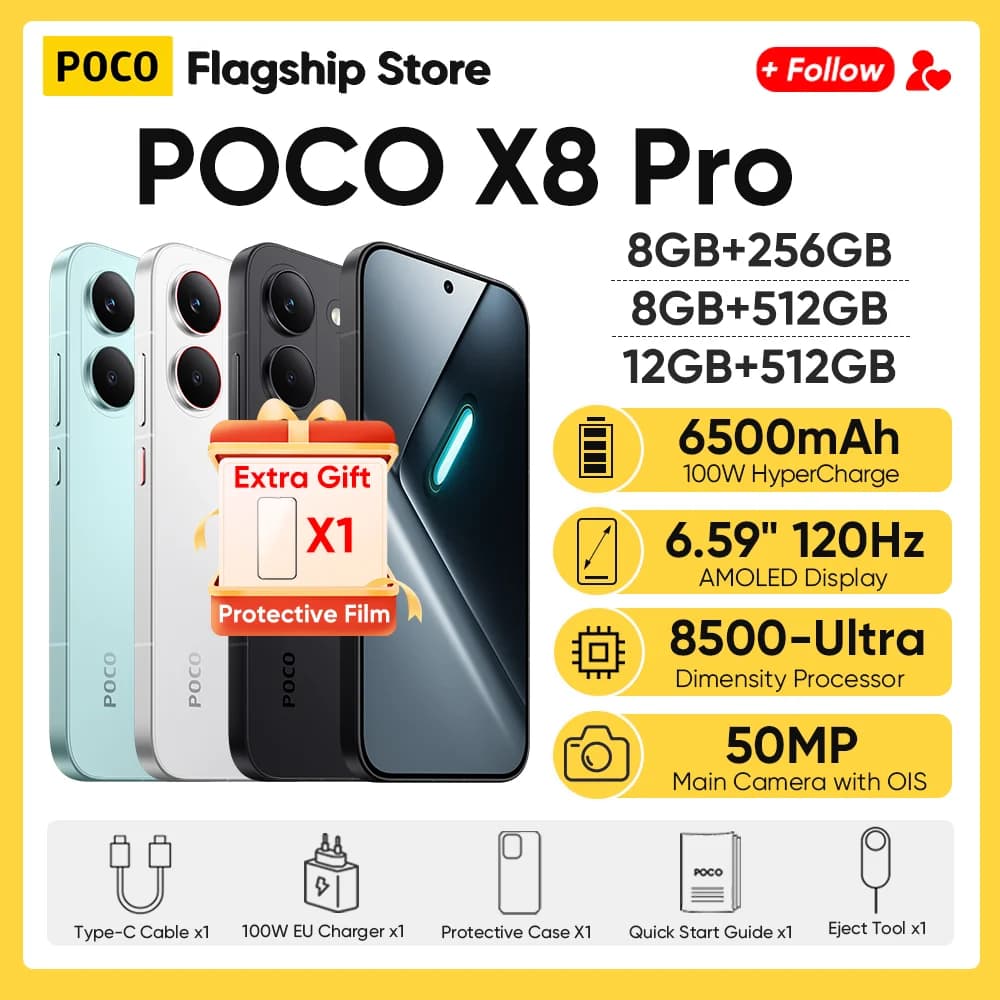 Newest Arrivals POCO X8 Pro Global Version 5G Smartphone Dimensity 8500-Ultra 6.59" AMOLED Display 50MP 6500mAh 100W HyperCharge